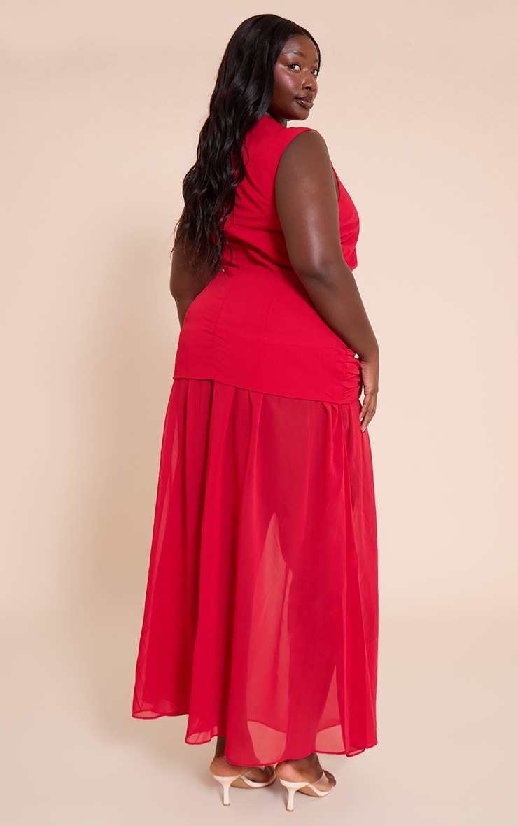 Plus Red Chiffon Ruched Dropped Waist Sleeveless Maxi Dress image 2