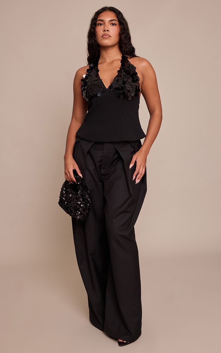 Shape Top en mousseline de soie noire à dos nu et sequins en disques contrastants image 3