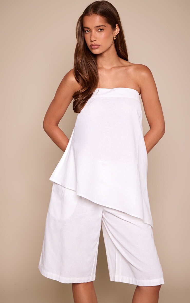 White Linen Look Pleated Tailored Long Shorts