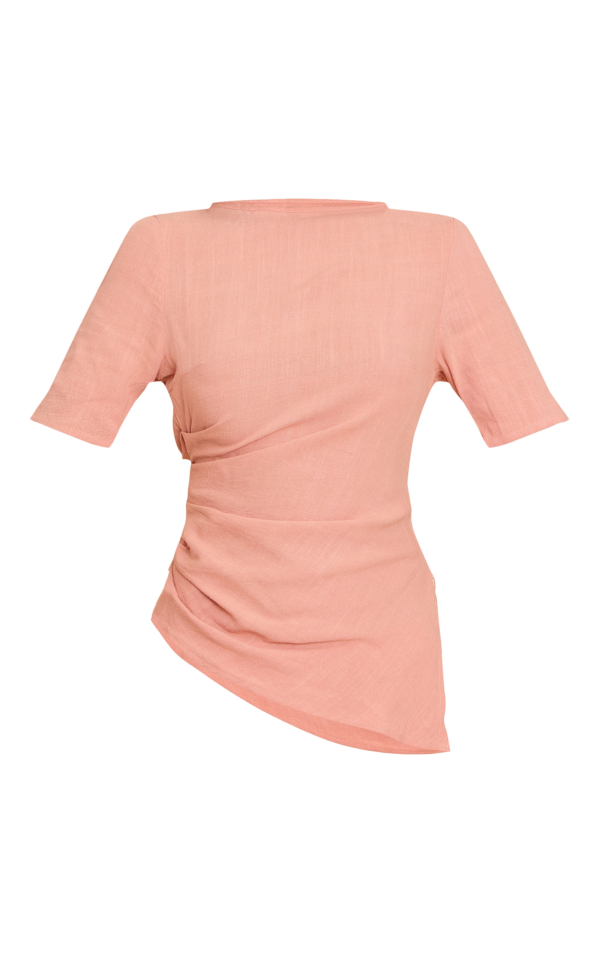 Peach Linen Look Ruched Side Detail T Shirt | Tops