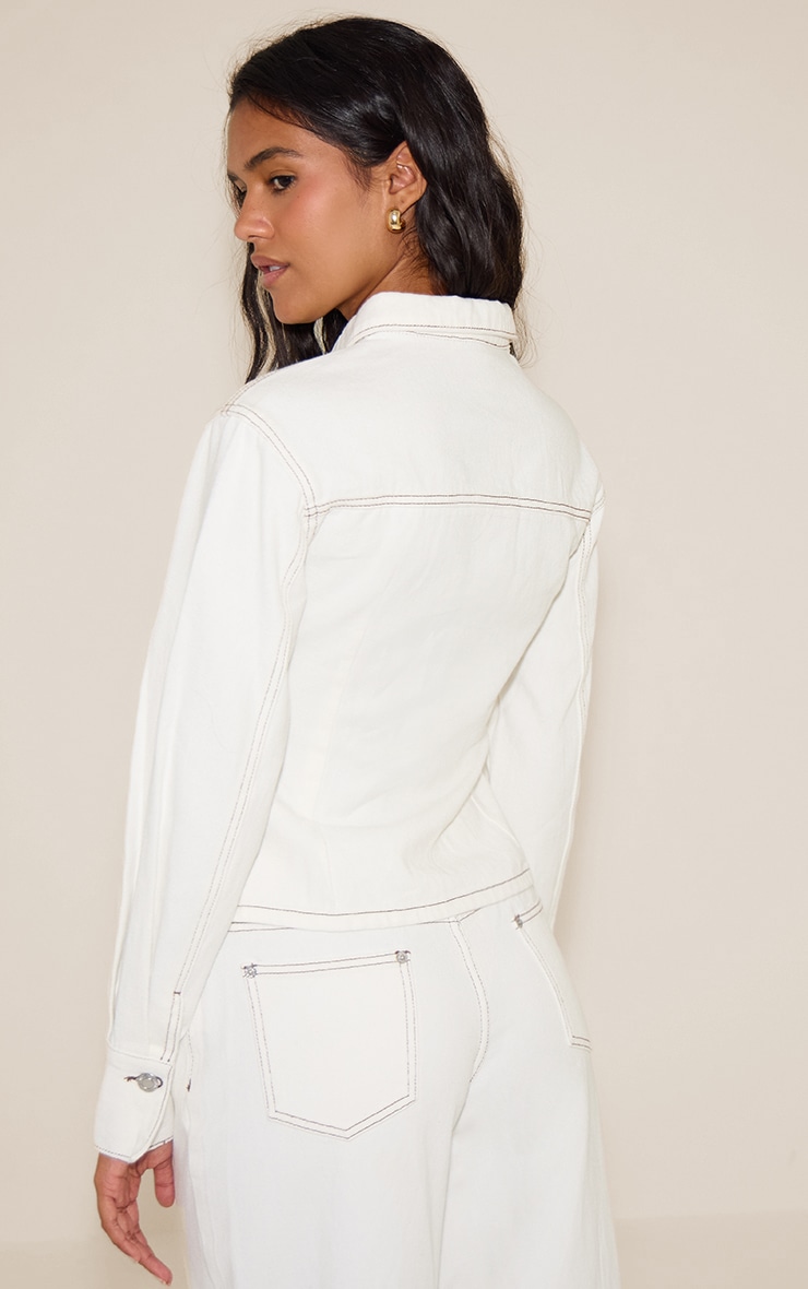 White Contrast Stitch Long Sleeve Cinch Waist Denim Jacket image 2