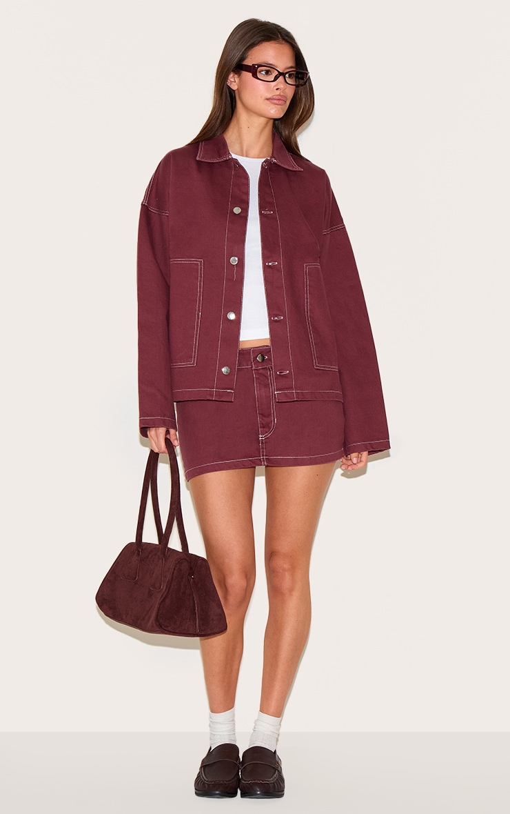 Burgundy Contrast Stitch Pocket Patch Detail Denim Shirt image 3