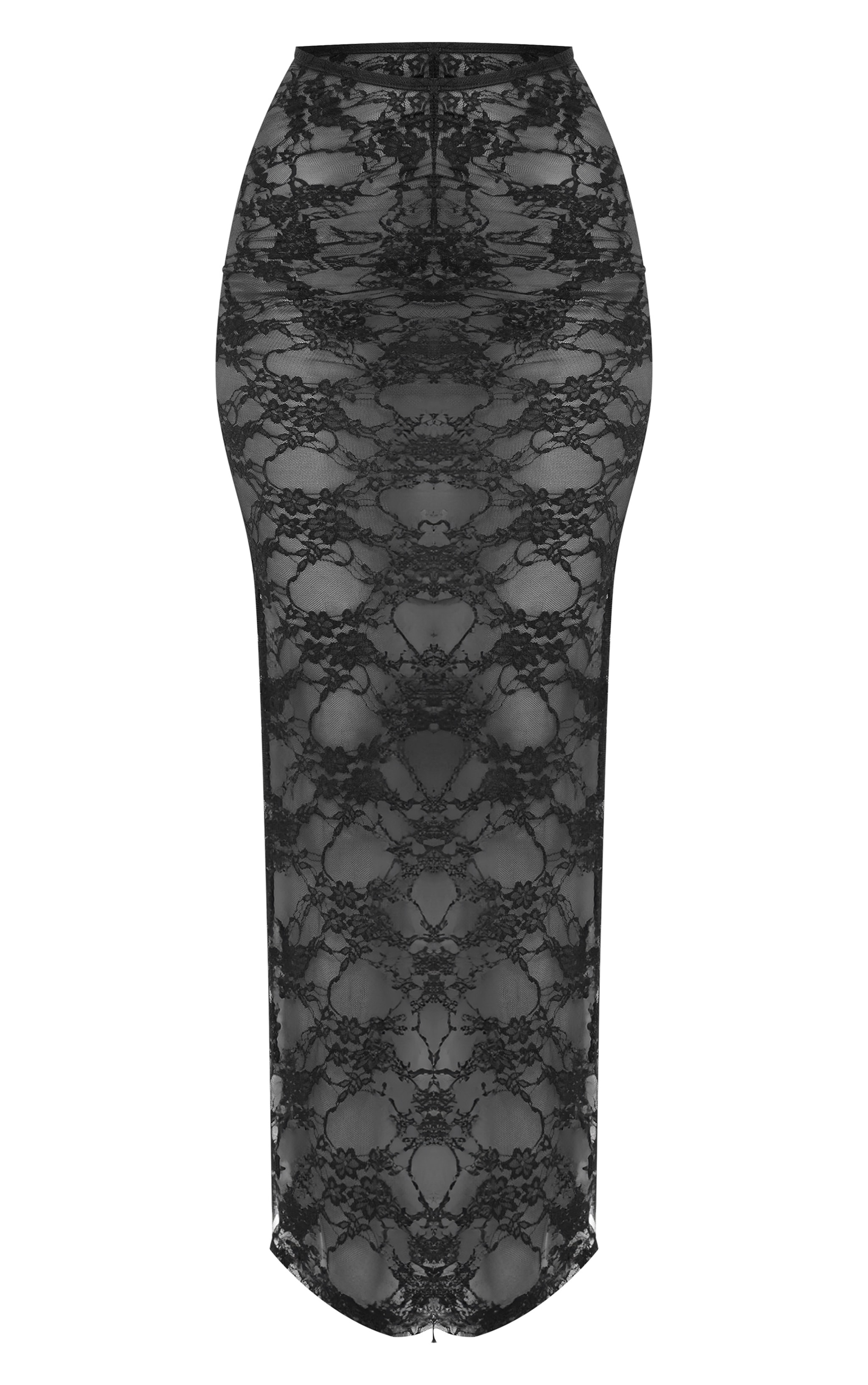 Tall Black Floral Lace Ruched Maxi Skirt image 1