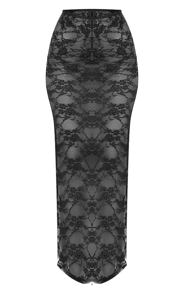 Tall Black Floral Lace Ruched Maxi Skirt