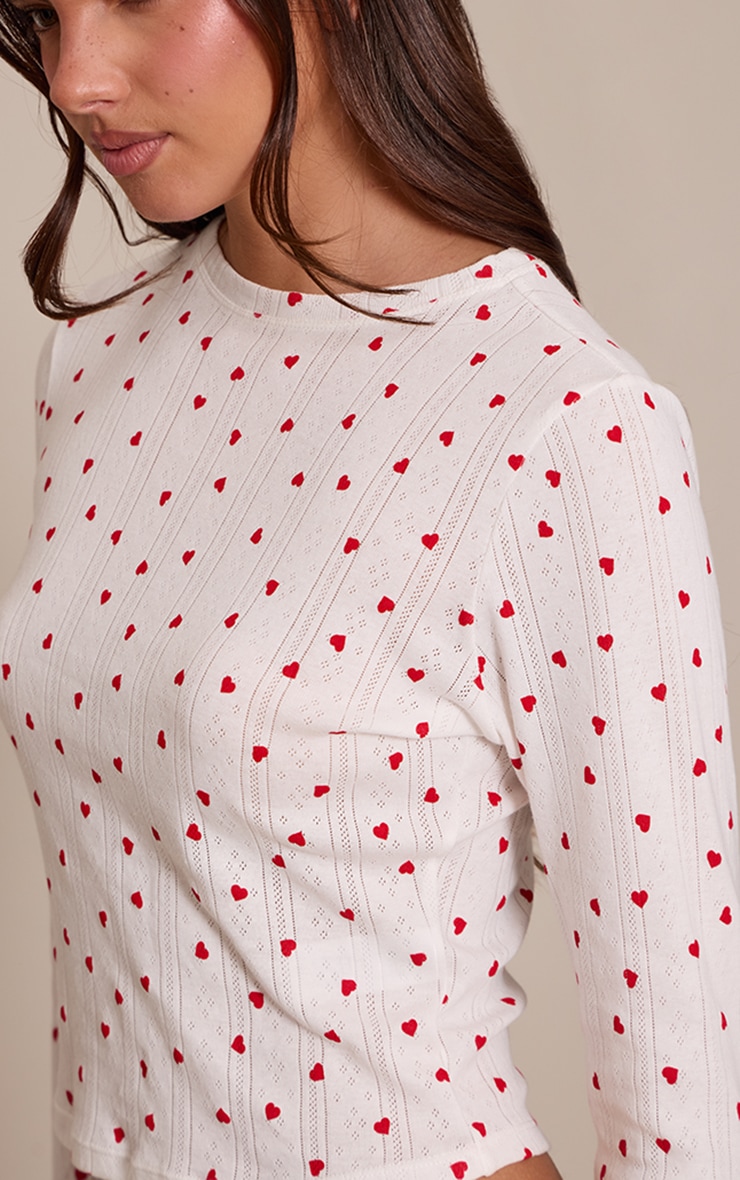 Red Heart Print Pointelle Long Sleeve Pyjama Top image 4
