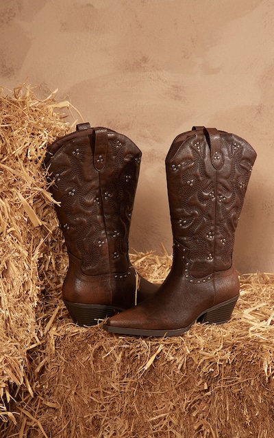 Brown Grain PU Point Toe Stud Detail Knee Calf High Western Boots
