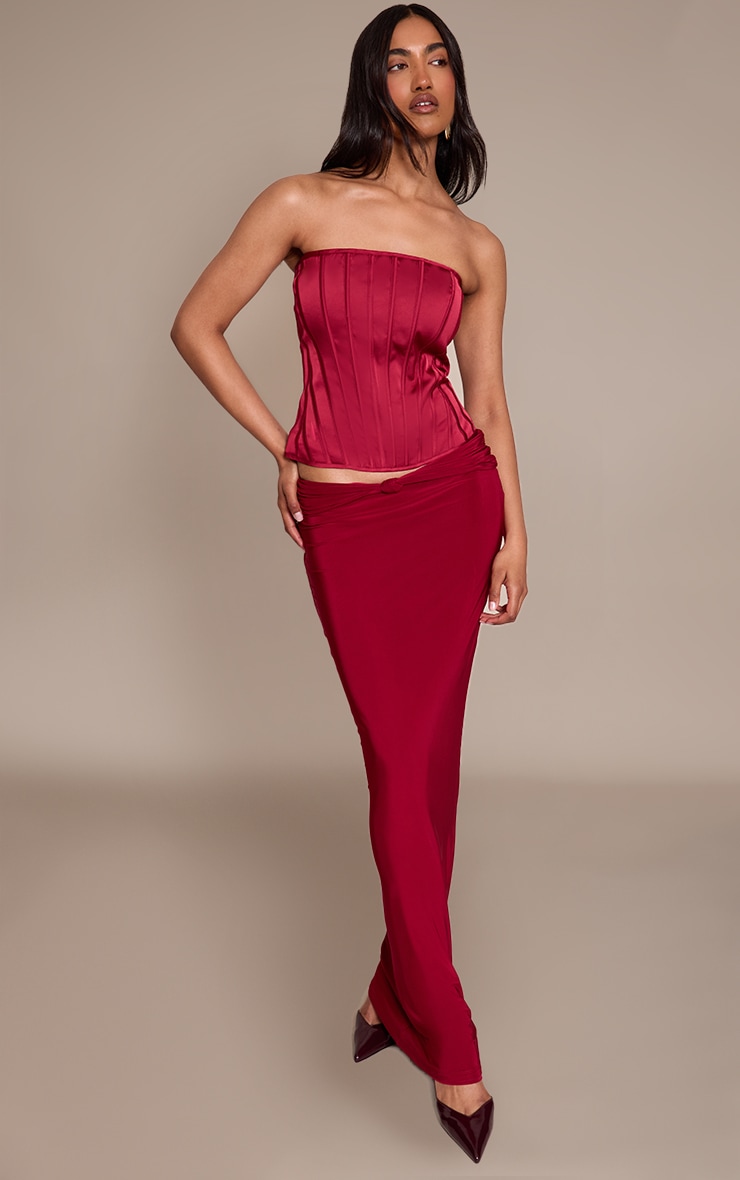 Wine Slinky Knot Fold Over Detail Maxi Skirt