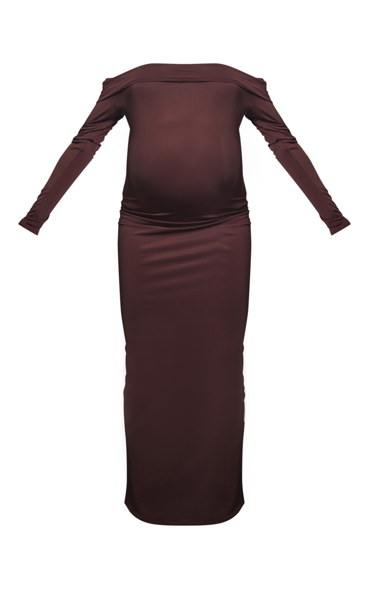 Maternity Chocolate Matte Slinky Off The Shoulder Maxi Dress image 5