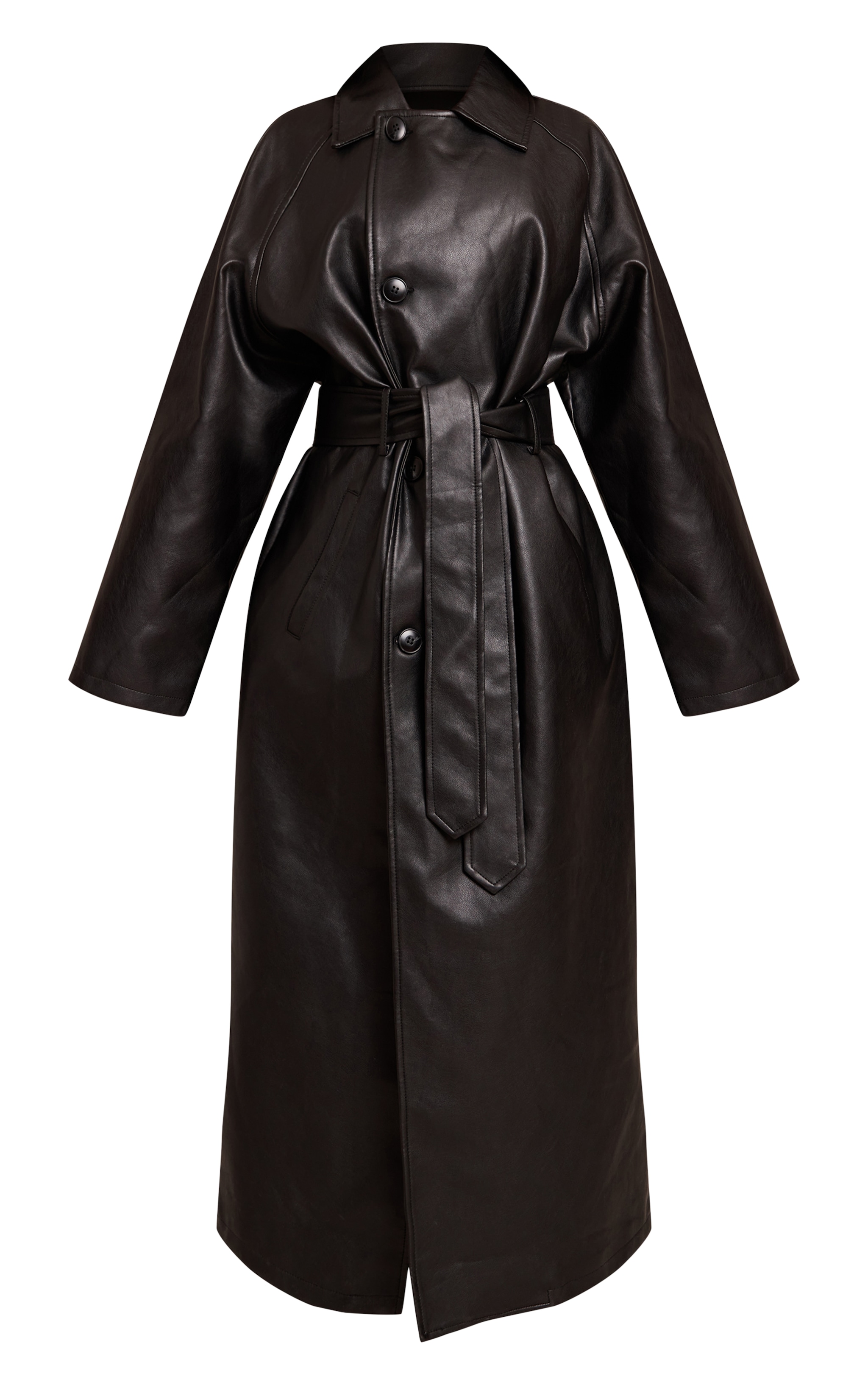 Petite Black Faux Leather Maxi Belted Trench Coat image 5