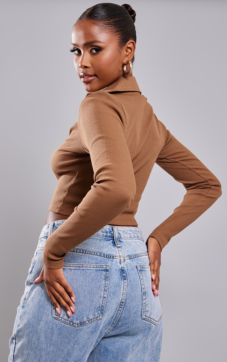 Chocolate Rib Collar Detail Long Sleeve Crop Top image 2