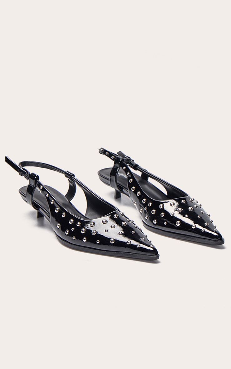 Black Crinkle PU Stud Detail Kitten Court Heels image 3