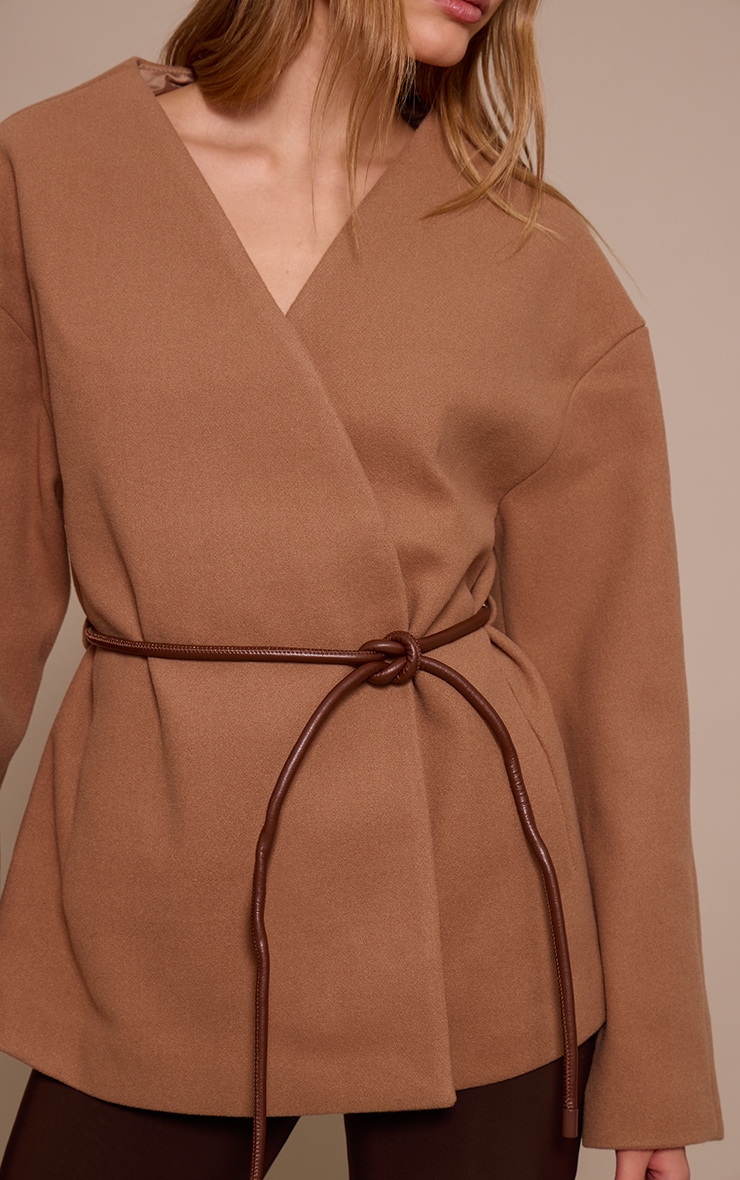 Camel Collarless Wrap Style Tie Waist Wool Look Coat image 4