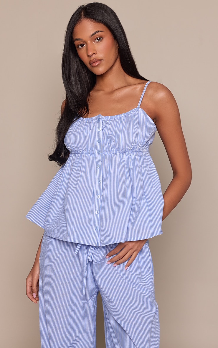 Tall Blue Pinstripe Cotton Ruched Bust Top
