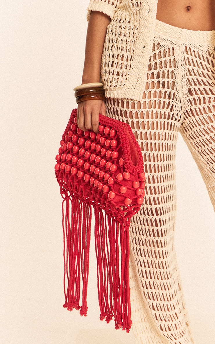 Bright Red Beaded Weave Clutch Bag image 5