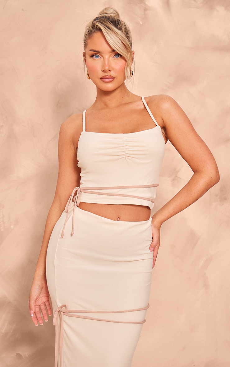 Cream Soft Touch Ruched Contrast Bow Crop Top image 1