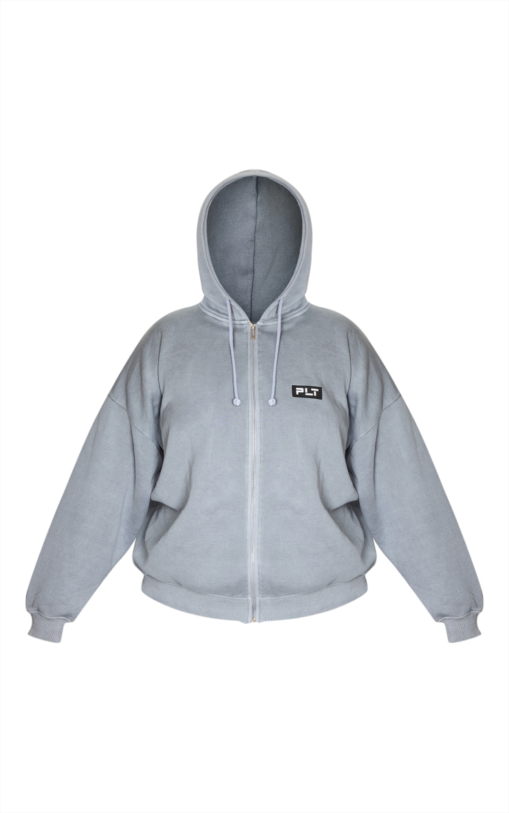 PRETTYLITTLETHING Plus Grey Washed Badge Detail Zip Up Hoodie