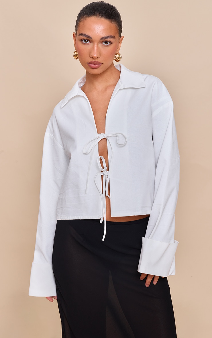 White Tie Front Linen Look Collar Blazer image 1