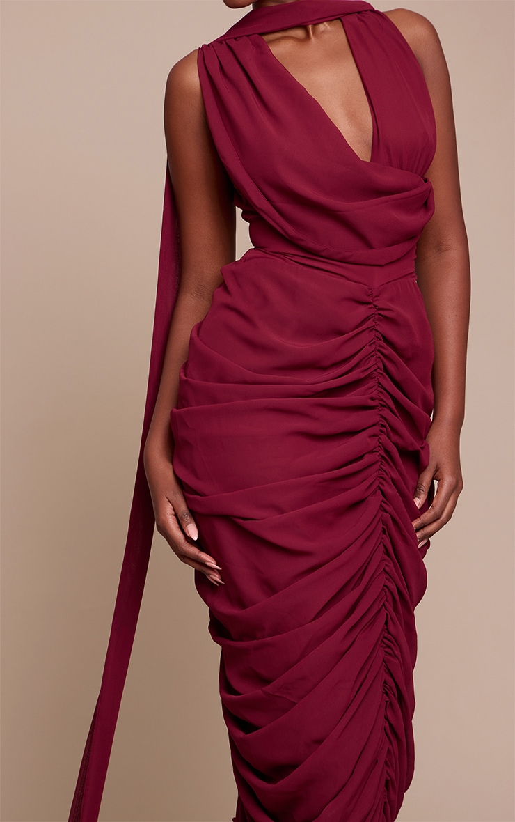 Wine Chiffon Scarf Detail Ruched Maxi Dress image 4