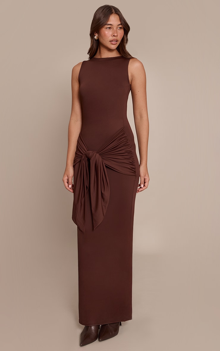 Chocolate Jersey Boat Neck Wrap Detail Maxi Dress