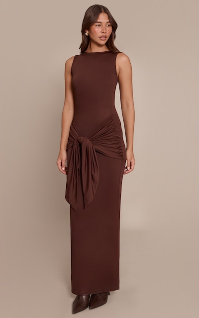 Chocolate Jersey Boat Neck Wrap Detail Maxi Dress