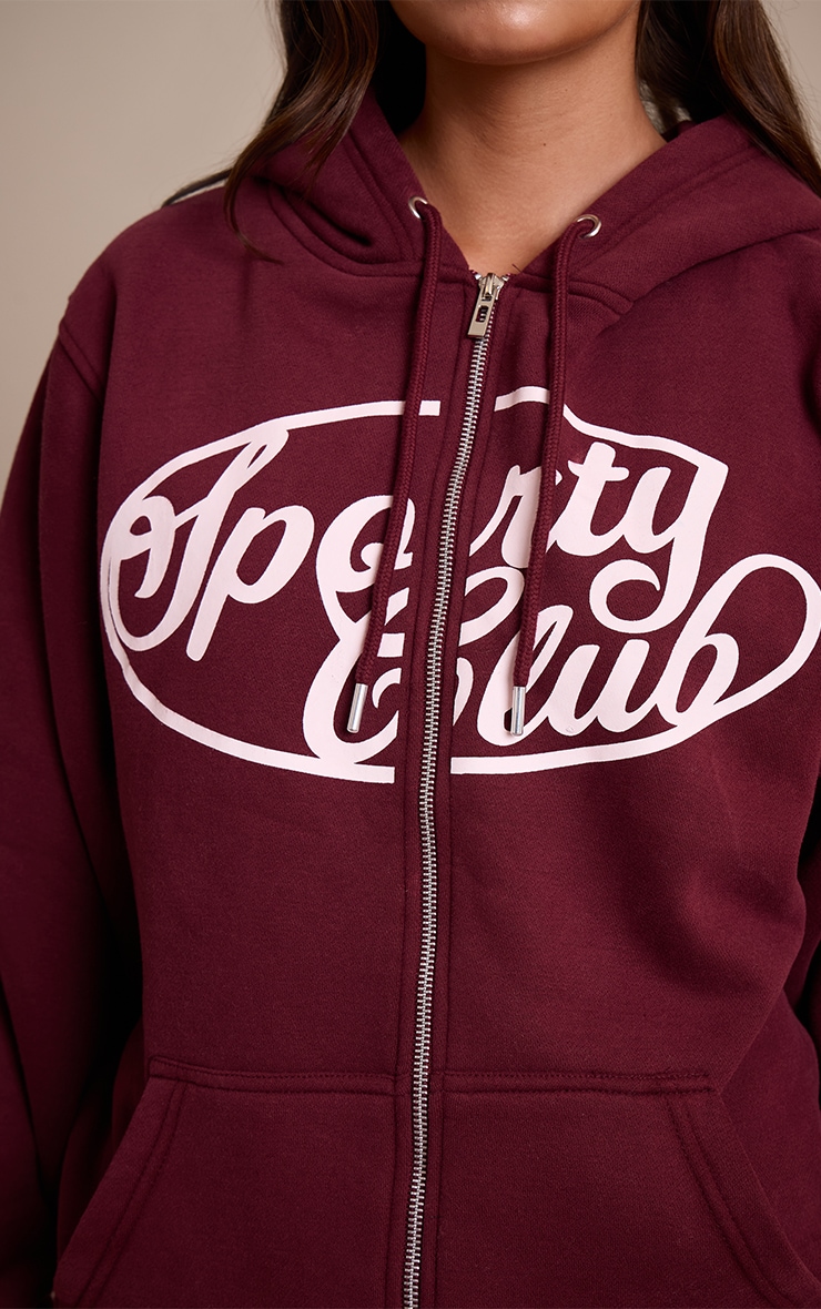 Hoodie oversize en coton polaire rouge vin imprimé "Sports Club" à zip image 4