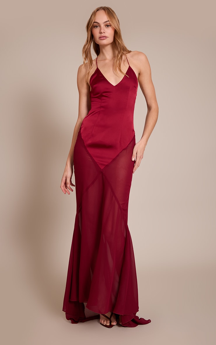 Robe longue satinée prune à col en V et parties contrastantes image 1