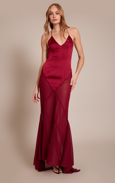 Robe longue satinée prune à col en V et parties contrastantes