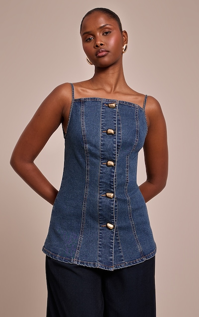 Dark Blue Gold Button Seam Detail Denim Cami Top