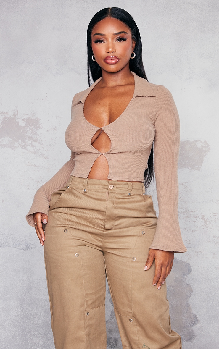 Shape Taupe Brushed Rib Collar Sleeve Crop Top