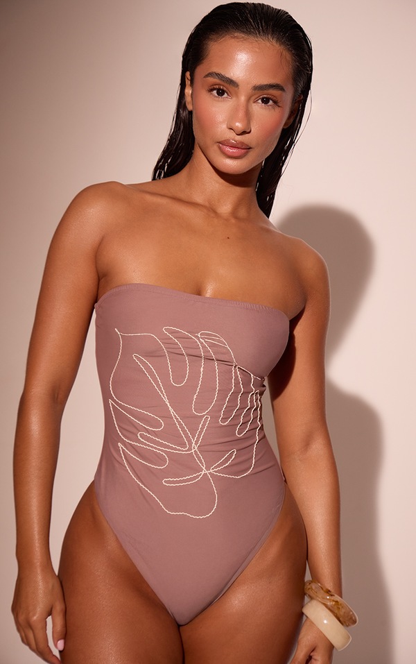 Taupe Leaf Embroidered Bandeau Swimsuit