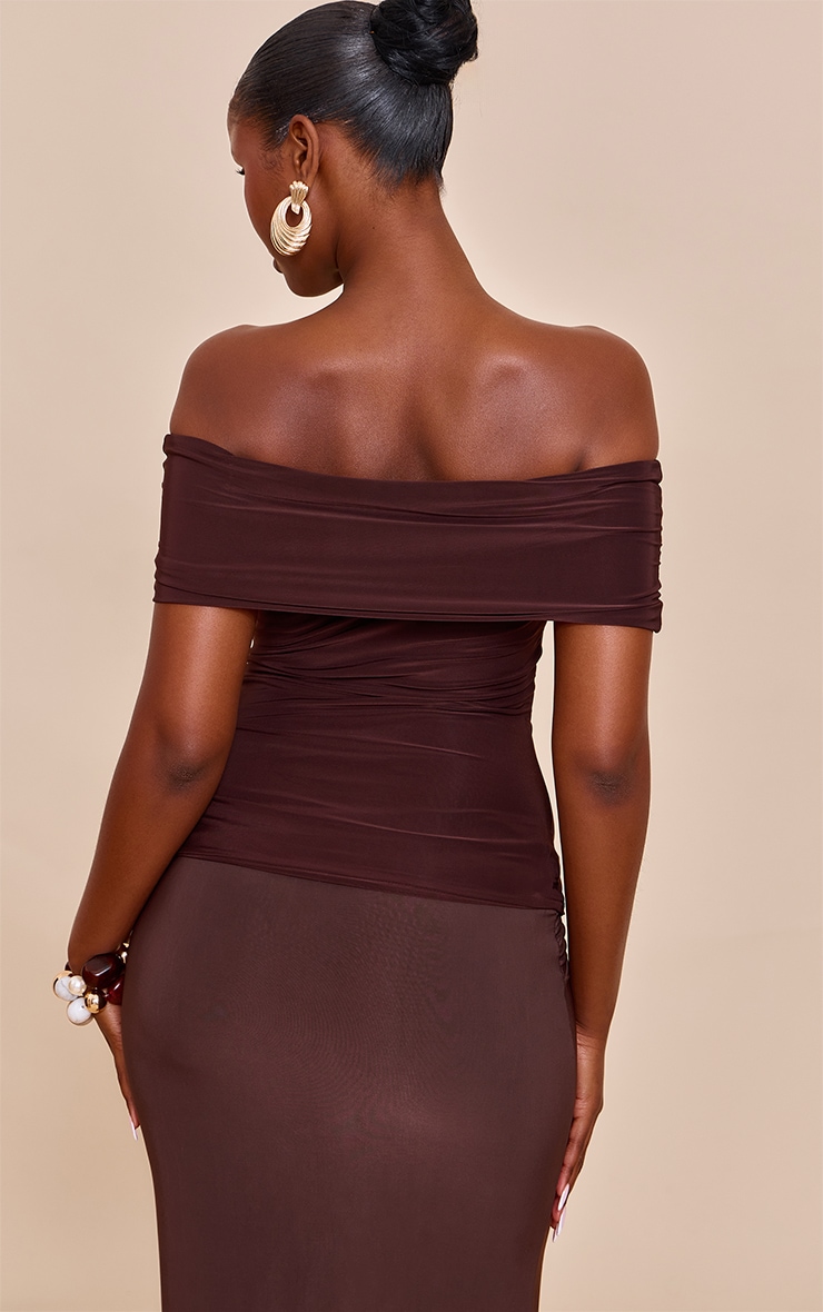 Chocolate Double Layer Slinky Trim Detail Bardot Top image 2