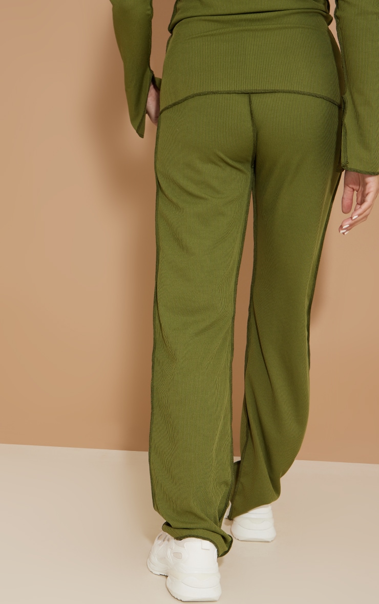 Maternity Khaki Ribbed Seam Detail High Waisted Wide Leg Pants image 2