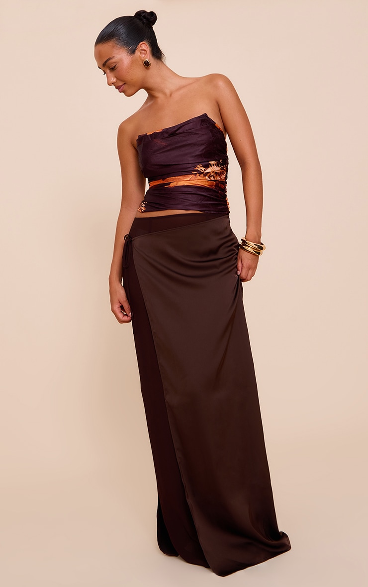 Chocolate Satin Wrap Detail Chiffon Maxi Skirt image 2