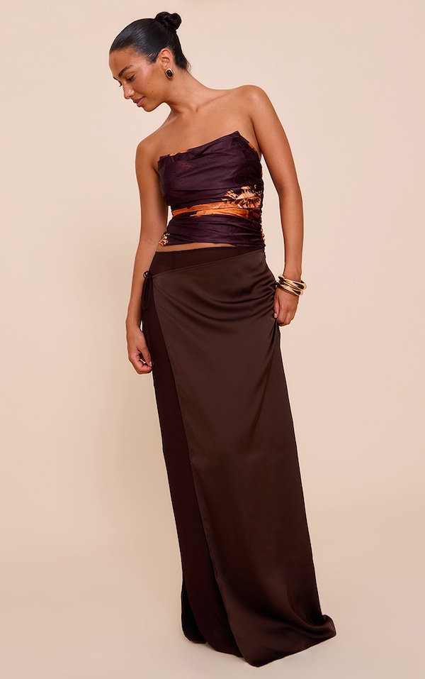 Chocolate Satin Wrap Detail Chiffon Maxi Skirt