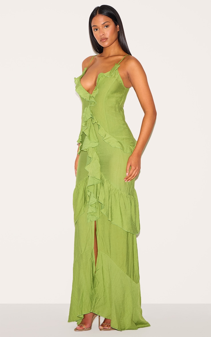 Tall Robe longue texturée vert olive à volants image 3