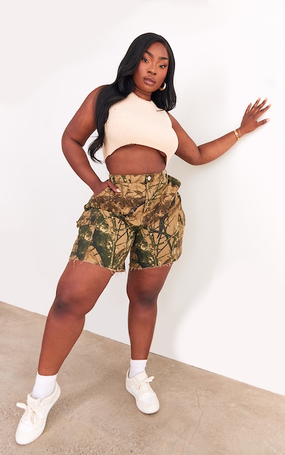 Plus Khaki Camo Denim Cargo Shorts