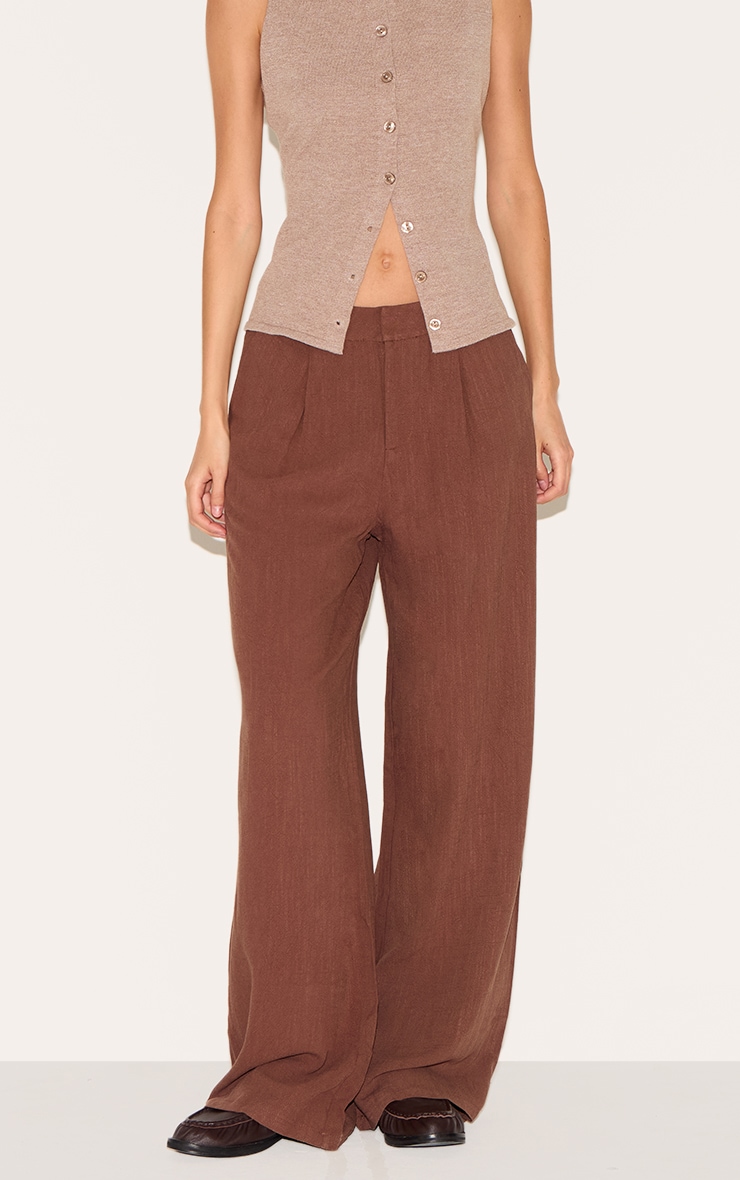 Dark Chocolate Linen Blend Tailored Straight Leg Pants image 2