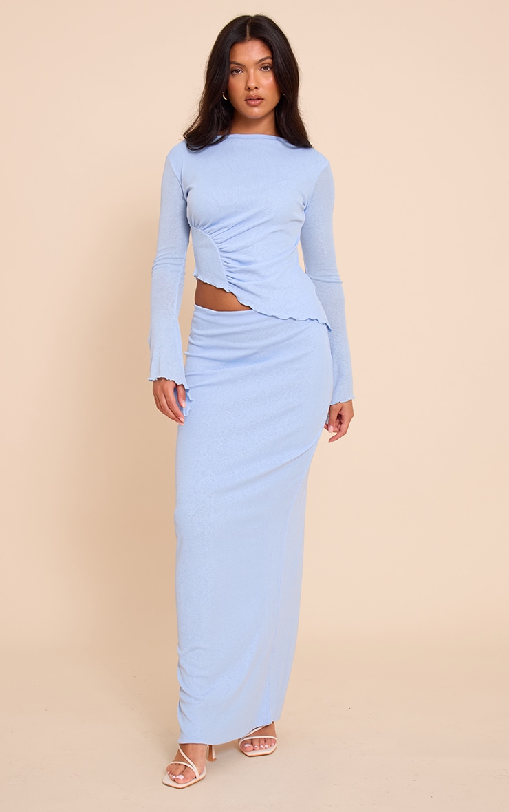 Light Blue Burnout Mesh Ruched Front Flared Sleeve Long Top image 3