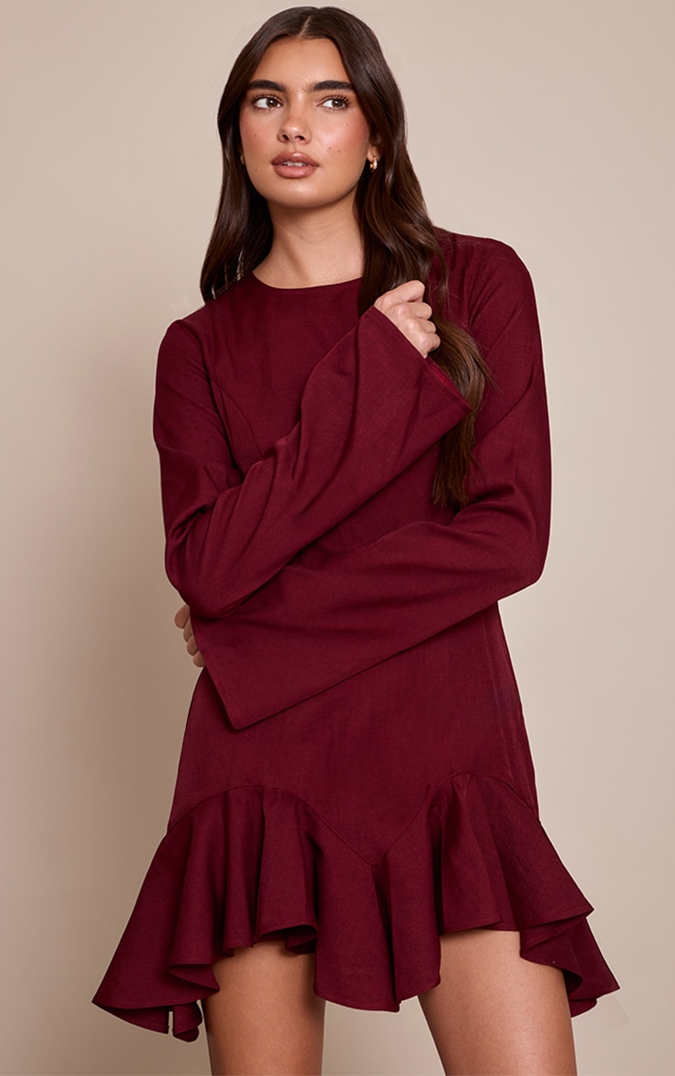 Wine Tailored Boat Neck Frill Shift Dress image 3
