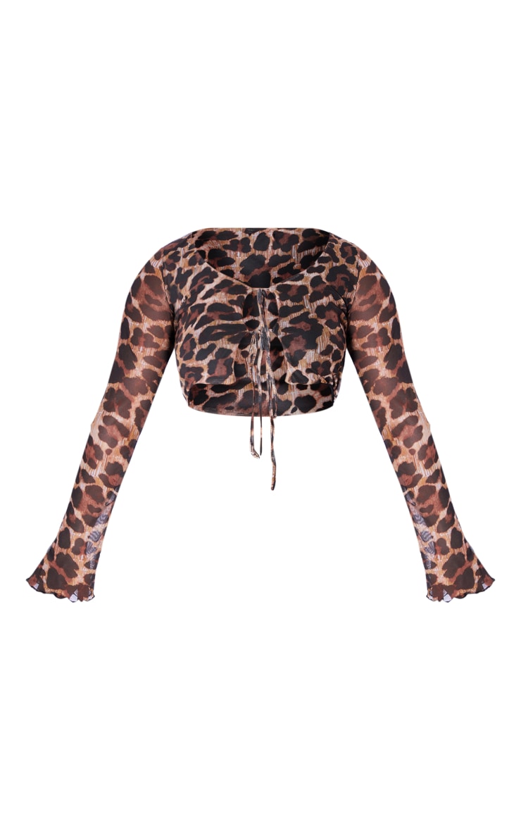 Shape Brown Leopard Print Mesh Lace Up Front Crop Top image 5