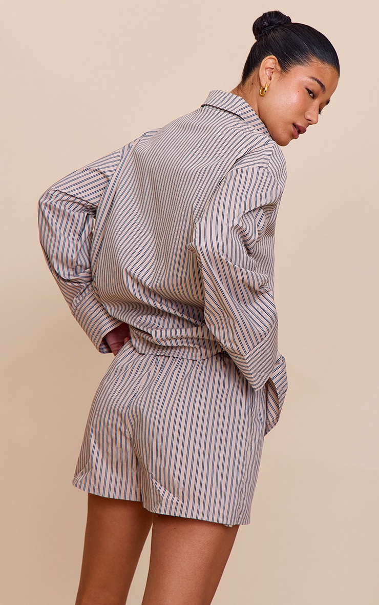 Stone Woven Pinstripe Balloon Sleeve Oversized Shirt image 2