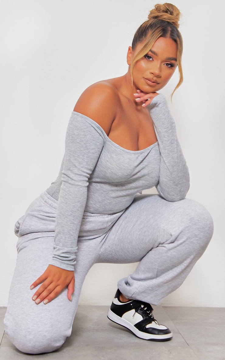 Shape Grey Marl Rib Asymmetric Neck Bodysuit image 3