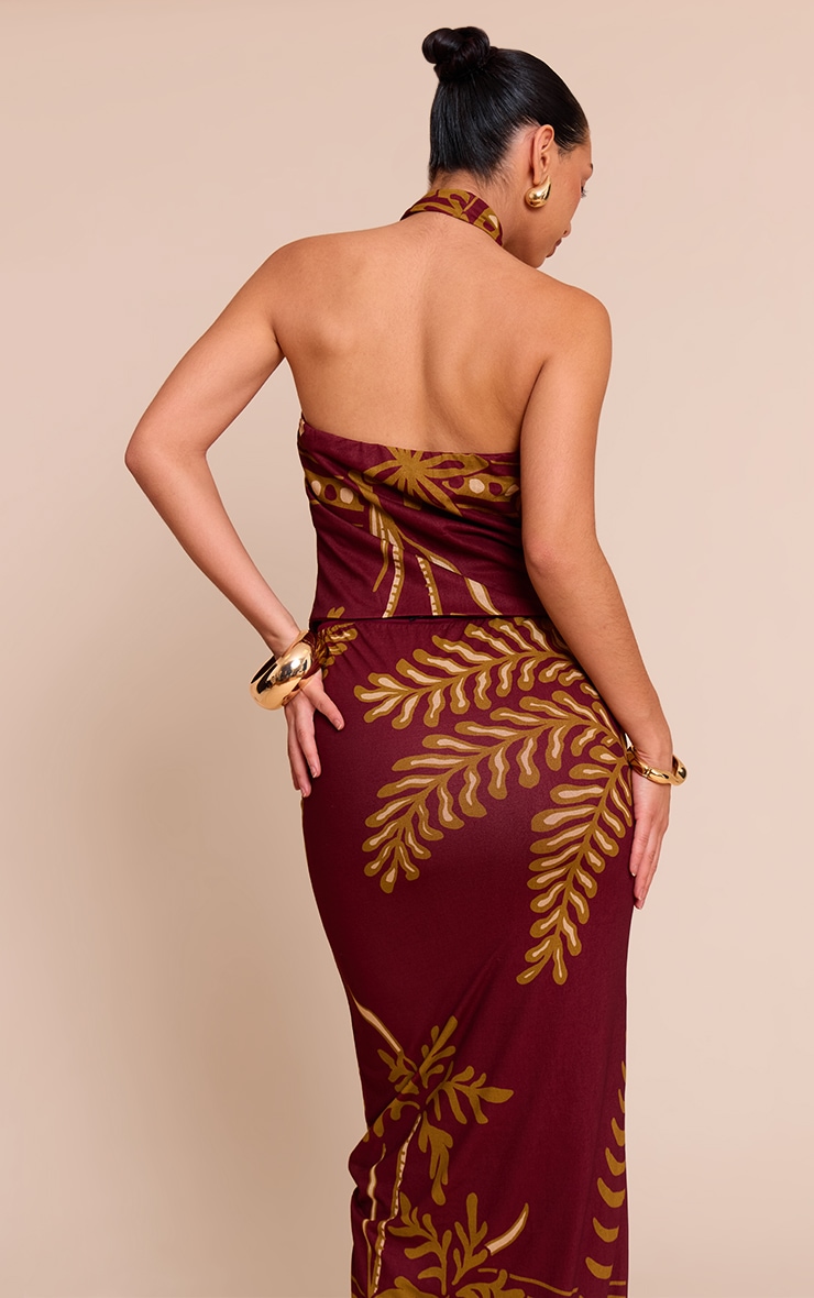 Rust Palm Print Chiffon Knot Halter Top image 2