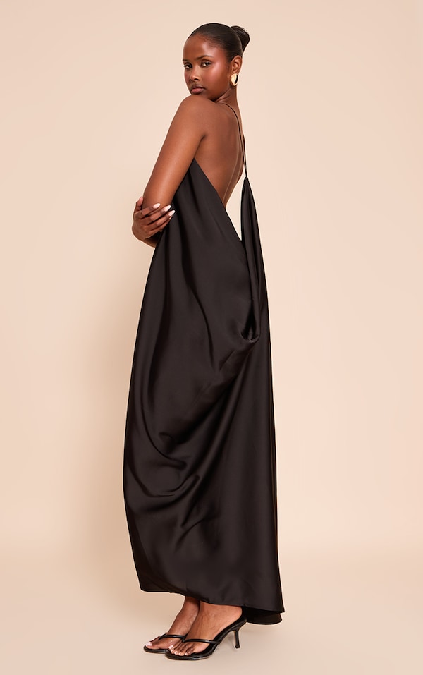 Black Satin Drape Back Detail Maxi Dress