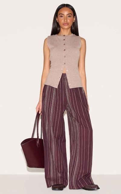 Petite Chocolate Stripe Linen Look Elasticated Waist Pants