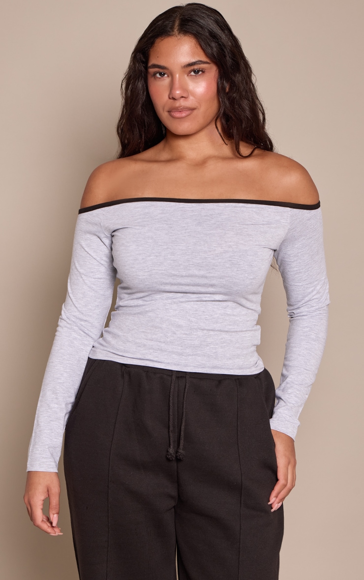 Shape Grey Contrast Bardot Long Sleeve Top