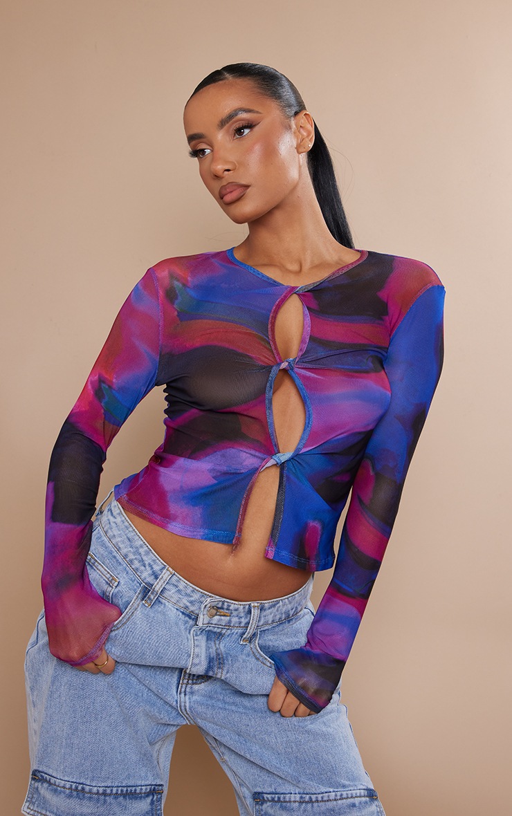 Brown Printed Mesh Cutout Long Sleeve Top