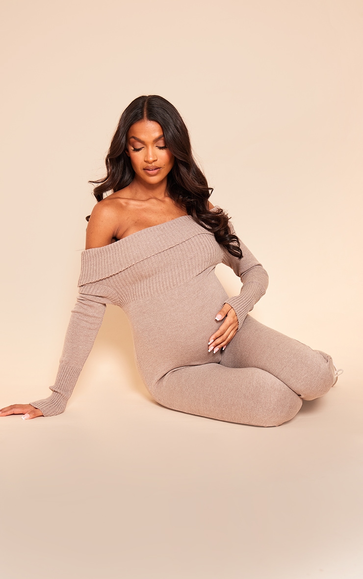 Maternity Brown Knitted Fold Over Jumpsuit image 3