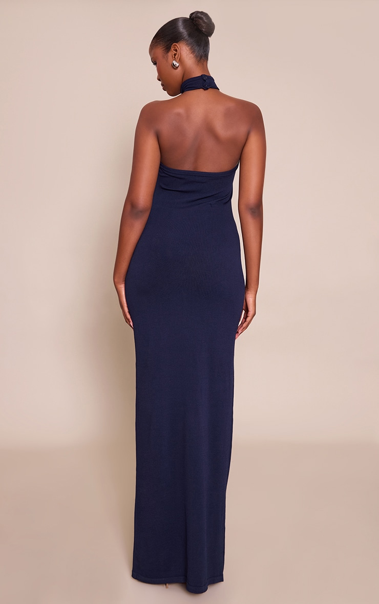 Navy Trim Halter Neck Knitted Maxi Dress image 2