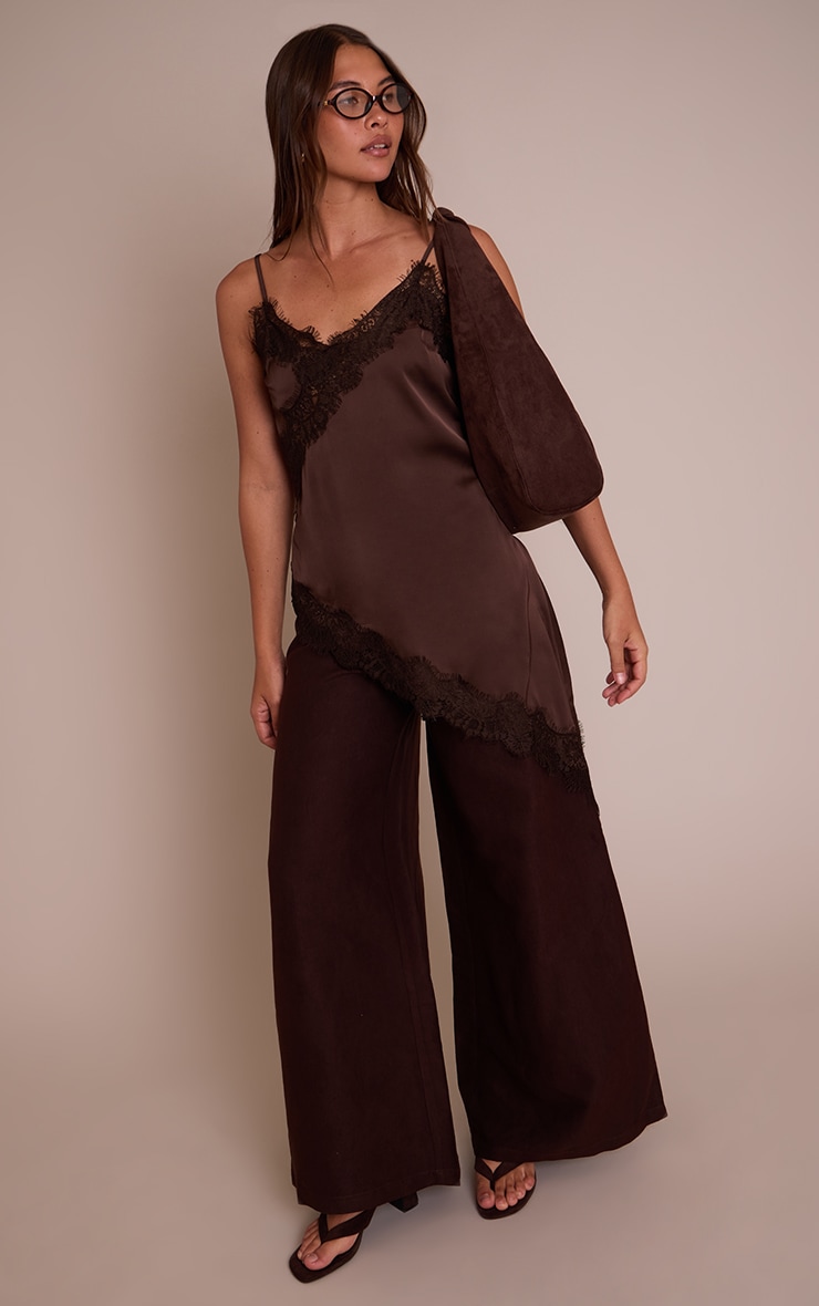 Chocolate Satin Lace Detail Asymmetric Long Top image 3